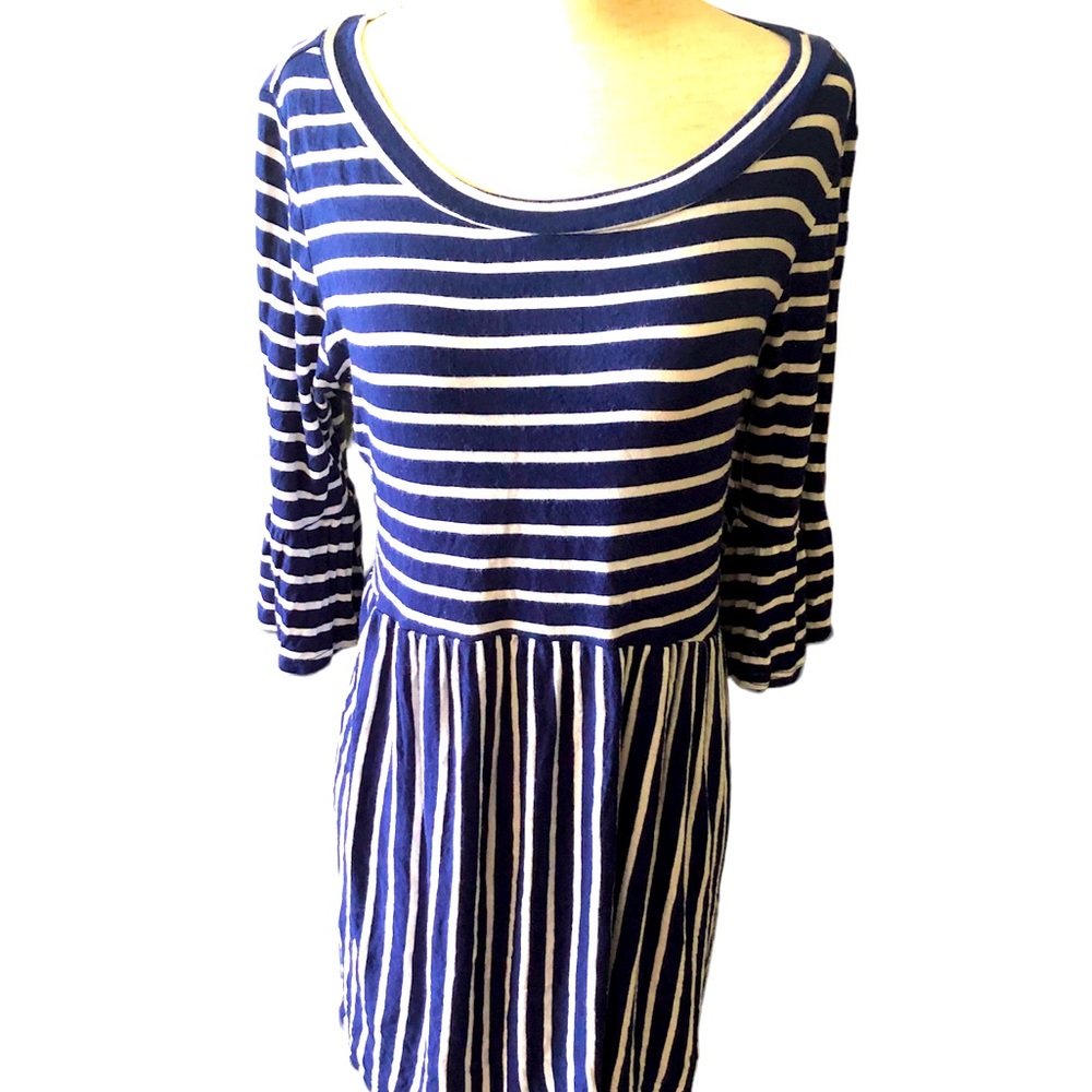Coastal Grandmother Navy and‎ White Striped Dress 3/4 Bell Sleeves Sz L